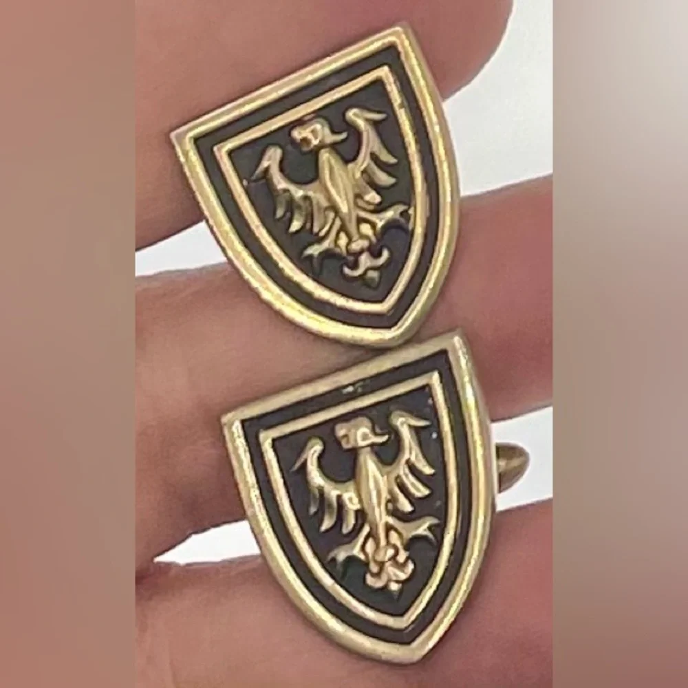 Vintage Signed Swank Gold Tone and Black Enamel Shield Eagle Cufflinks